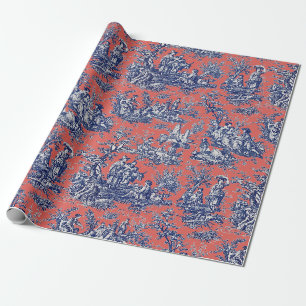 Chic vintage coral red blue toile de jouy printed wrapping paper