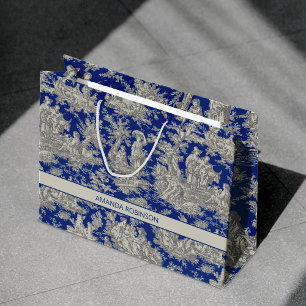 Chic vintage dark blue French toile de jouy Large Gift Bag