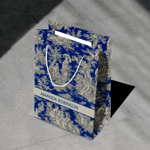 Chic Vintage Dark Blue Toile de Jouy Floral Medium Gift Bag