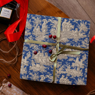 Chic Vintage Dark Blue Toile de Jouy Scene Wrapping Paper