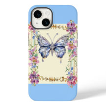 Chic Vintage Floral Butterfly iPhone 14 Case Blue