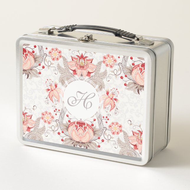 Chic Vintage Floral Damask Monogram Lunchbox (Front)