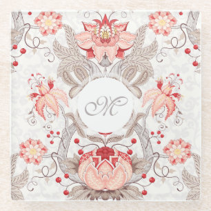 Chic Vintage Floral Pattern damask Monogram Glass Coaster