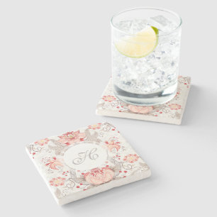 Chic Vintage Floral Pattern damask Monogram Stone Coaster