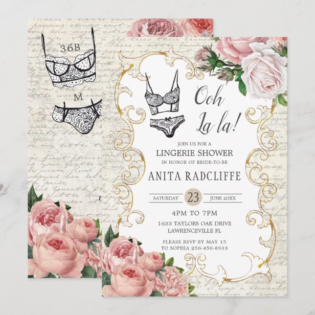 Chic Vintage French Roses Lingerie Bridal Shower Invitation (Front/Back)