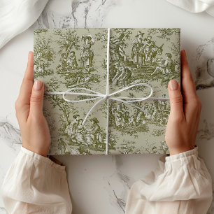 Chic Vintage Green Grey Toile de Jouy Scenes Wrapping Paper