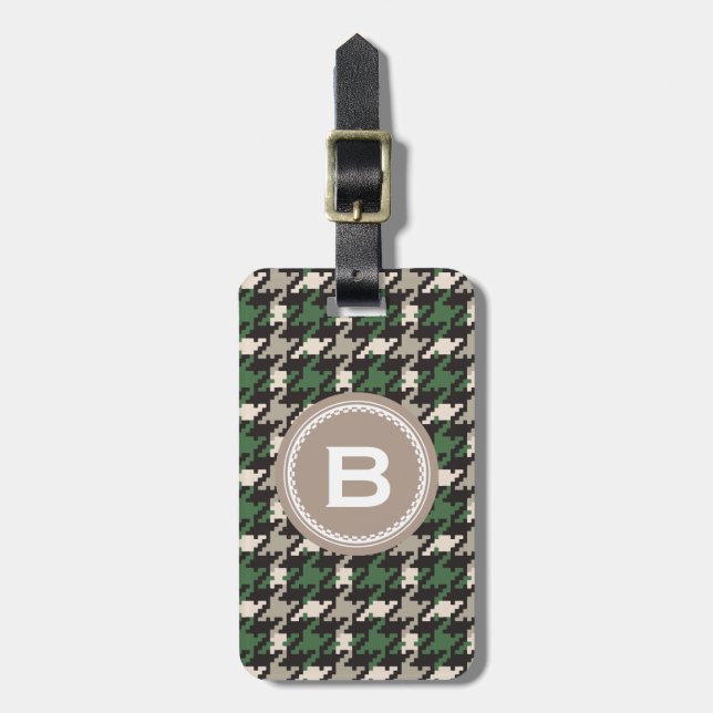 Chic vintage green houndstooth plaid monogram luggage tag (Front Vertical)
