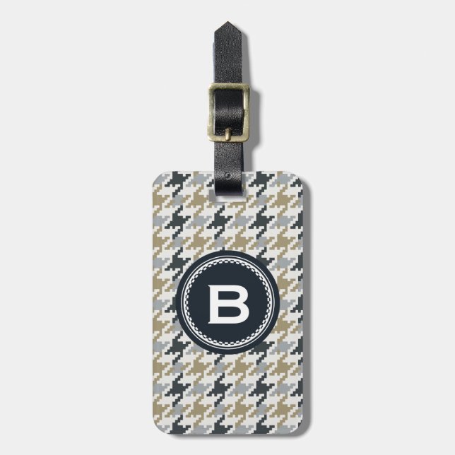 Chic vintage grey houndstooth plaid monogram luggage tag (Front Vertical)