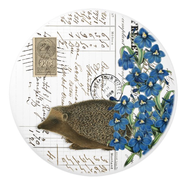 Chic Vintage Hedgehog & Flowers French Script Knob (Front)