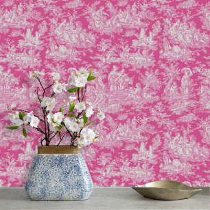 Chic vintage hot pink toile de jouy printed  wallpaper