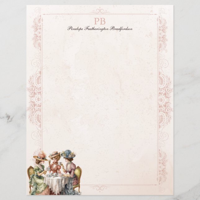 Chic Vintage Lady Tea Monogrammed Stationery Paper (Front)