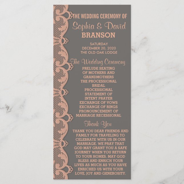 Chic Vintage Peach Grey Lace Wedding Program Programme (Front)