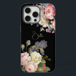 Chic Vintage Personalised Roses & Iris iPhone 15 Pro Max Case<br><div class="desc">Beautiful, timeless and elegant sprays of artistic pink and white roses, peonies and purple bearded iris with delicate foliage. Includes an editable text field for your personalisation and the background colour is customisable.</div>