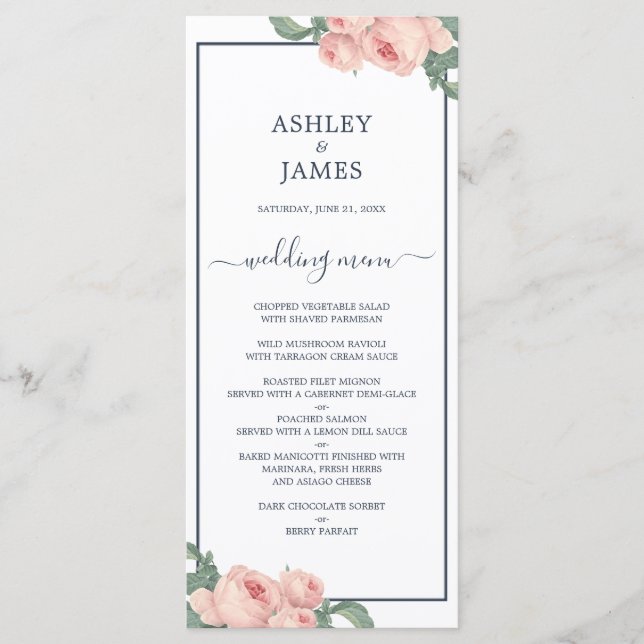 Chic Vintage Pink Rose Dark Blue Wedding Menu (Front)