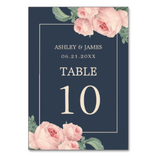 Chic Vintage Pink Rose Dark Blue Wedding Table Number