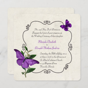 Chic Vintage Purple Butterflies Wedding Invitation
