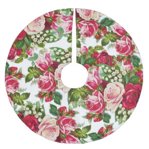 Chic vintage red pink roses flowers pattern brushed polyester tree skirt