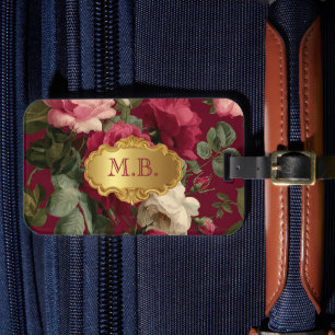 Chic Vintage Red Rose Floral Monogrammed  Luggage Tag