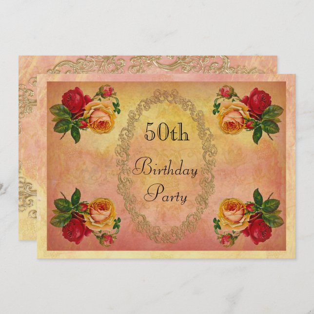 Chic Vintage Roses 50th Birthday Invitation (Front/Back)