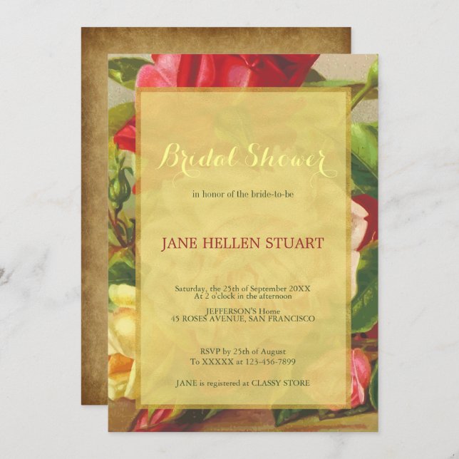 Chic vintage roses gold framed bridal shower invitation (Front/Back)