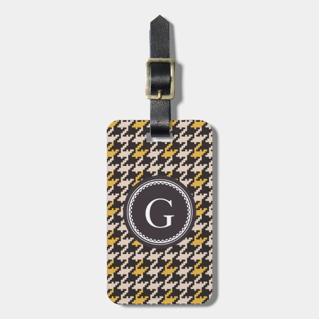 Chic vintage yellow houndstooth plaid monogram luggage tag (Front Vertical)