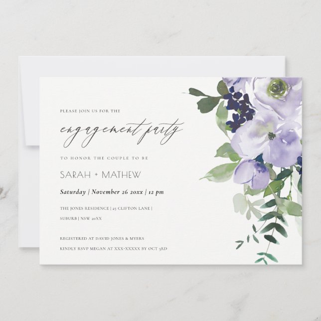 Chic Violet Purple Floral Leafy Engagement Invite (Front)