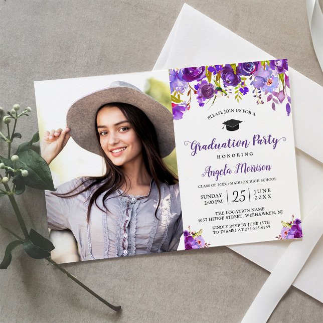 Chic Violet Purple Floral Photo Graduation Party Invitation (Creator Uploaded)