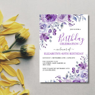 Chic Violet Rose Floral Botanical Birthday Invitation