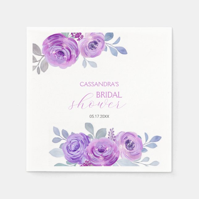 Chic Violet Rose Greenery Floral Bridal Shower  Napkin (Front)