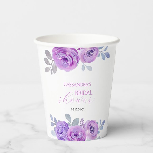 Chic Violet Rose Greenery Floral Bridal Shower  Paper Cups (Back)