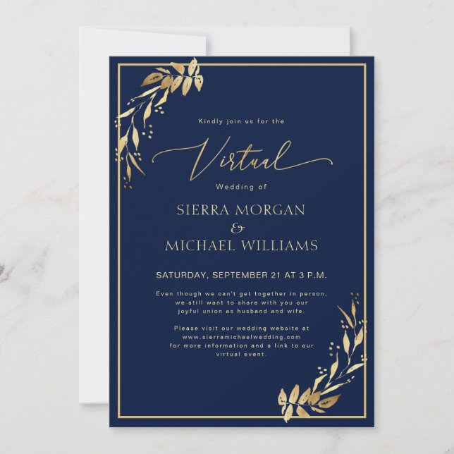 Chic Virtual Navy Blue & Golden Foliage Wedding Invitation (Front)