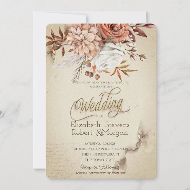 Chic Watercolor Autumn Flowers Wedding  Invitation (Front)