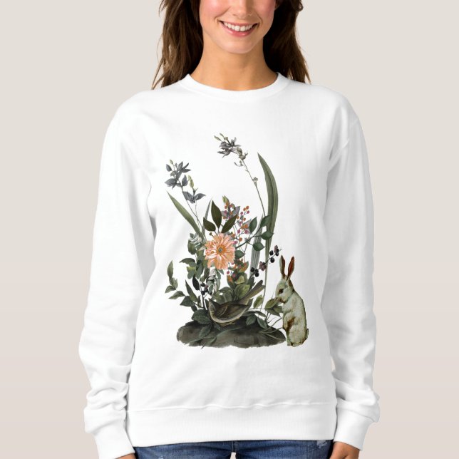 Chic Watercolor Bird Greenery Floral Easter Bunny Sweatshirt (Front)