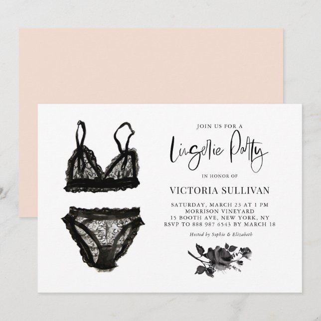 Chic Watercolor Black Lace Floral Lingerie Party Invitation (Front/Back)