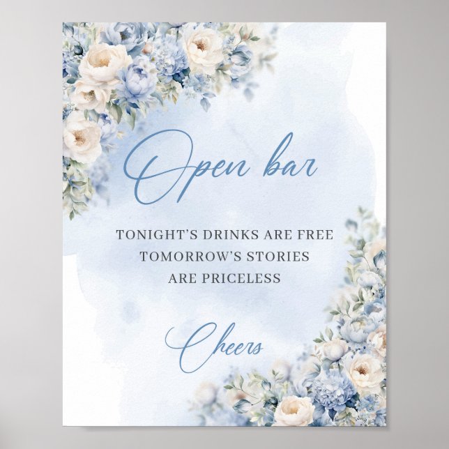 Chic watercolor blue and white roses open bar poster (Front)