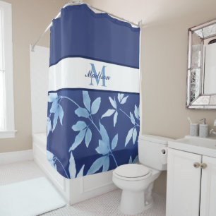Chic Watercolor Blue Floral Leaves Monogram Shower Curtain