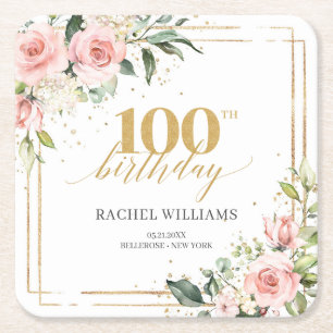 Chic watercolor blush flowers boho 100th birthday square paper coaster