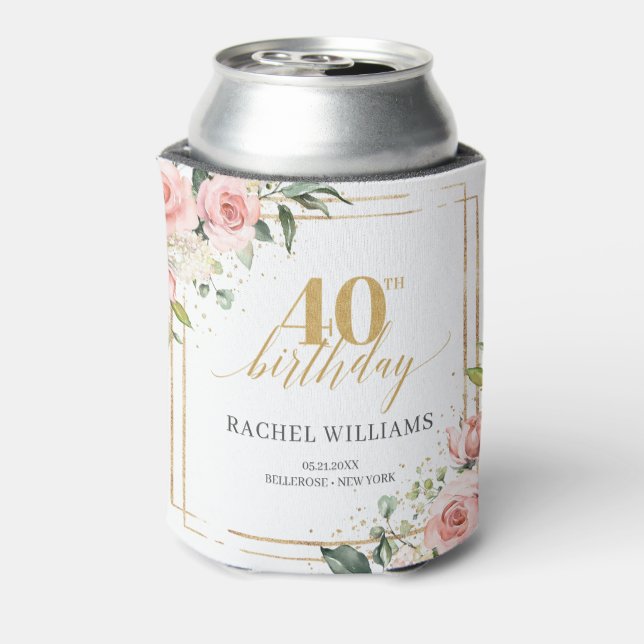 Chic watercolor blush flowers eucalyptus gold 40th can cooler (Can Back)