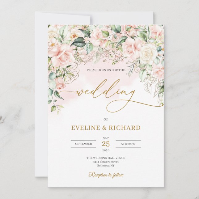Chic watercolor blush flowers eucalyptus gold invitation (Front)