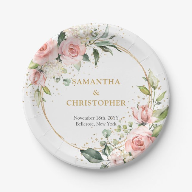 Chic watercolor blush flowers eucalyptus gold paper plate (Front)
