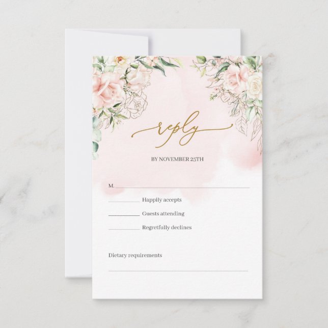 Chic watercolor blush flowers eucalyptus gold RSVP card (Front)