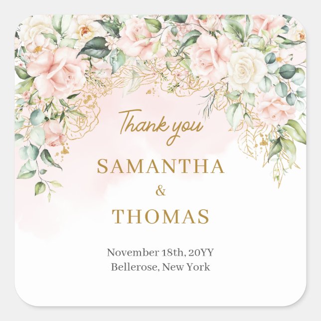 Chic watercolor blush flowers eucalyptus gold square sticker (Front)
