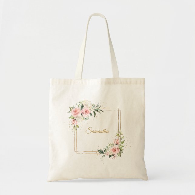 Chic watercolor blush flowers eucalyptus gold tote bag (Front)