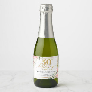Chic watercolor blush flowers gold 50th birthday sparkling wine label