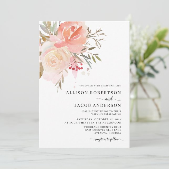 Chic Watercolor Blush Pink Flower Wedding Invitation (Standing Front)
