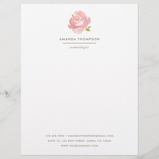 Chic Watercolor Blush Pink Rose Custom Letterhead (Front)