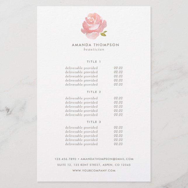 Chic Watercolor Blush Pink Rose Pricing & Services Flyer (Front)