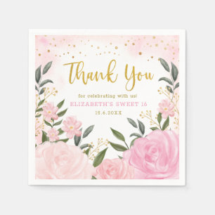 Chic Watercolor Blush Roses Gold Glitter Sweet 16 Napkin