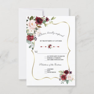 Chic Watercolor Burgundy Blush Floral Gold Wedding RSVP Card