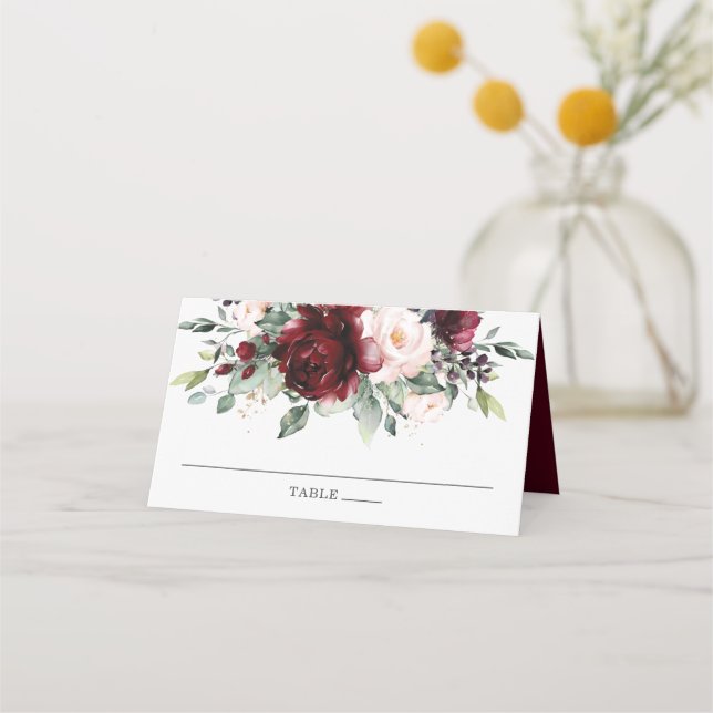 Chic Watercolor Burgundy Blush Floral Wedding Place Card (Front)